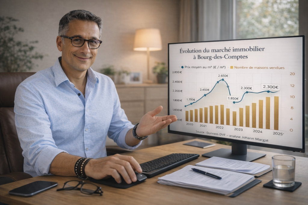 Johann Margat analysant l’évolution du prix immobilier à Bourg-des-Comptes sur son ordinateur – données DVF 2020-2025