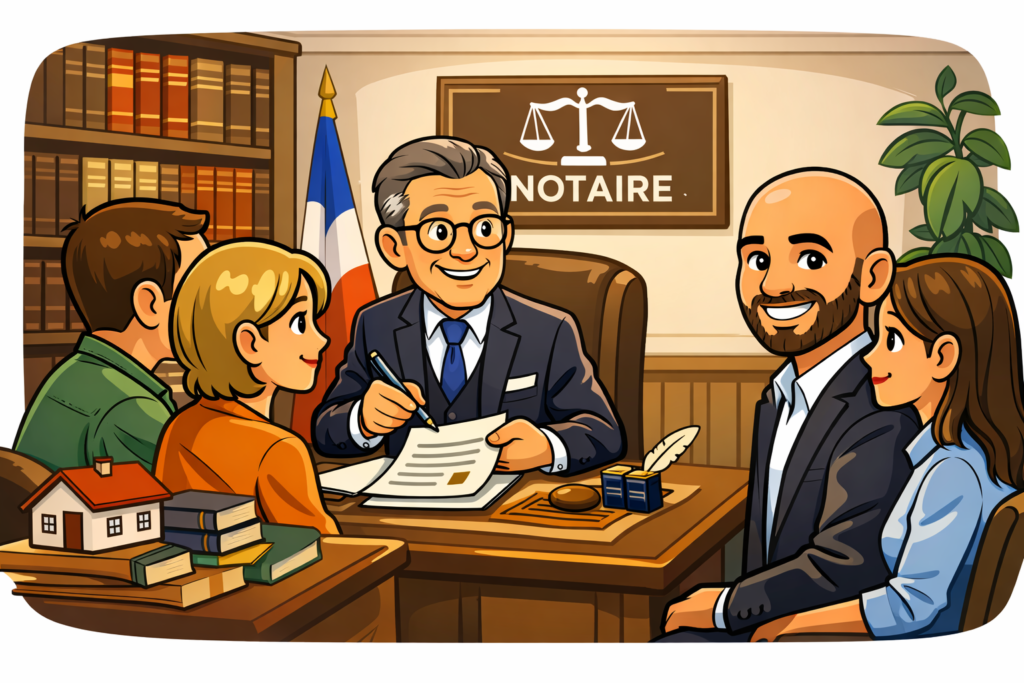 deux couples chez le notaire pour la signature de l'acte authentique d'une vente d'une maison à Bourg des Comptes