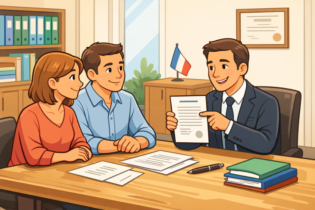 llustration cartoon d’un rendez-vous chez le notaire : un couple échange avec un notaire dans un bureau lumineux, autour de documents