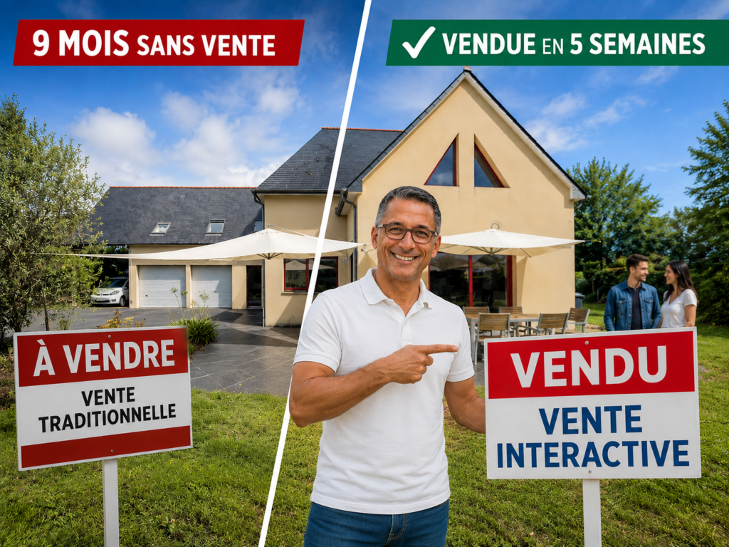 Comparaison entre une vente traditionnelle et une vente interactive réalisée par Johann Margat à Bourg-des-Comptes, avec une maison vendue en 5 semaines après 9 mois sans acquéreur.