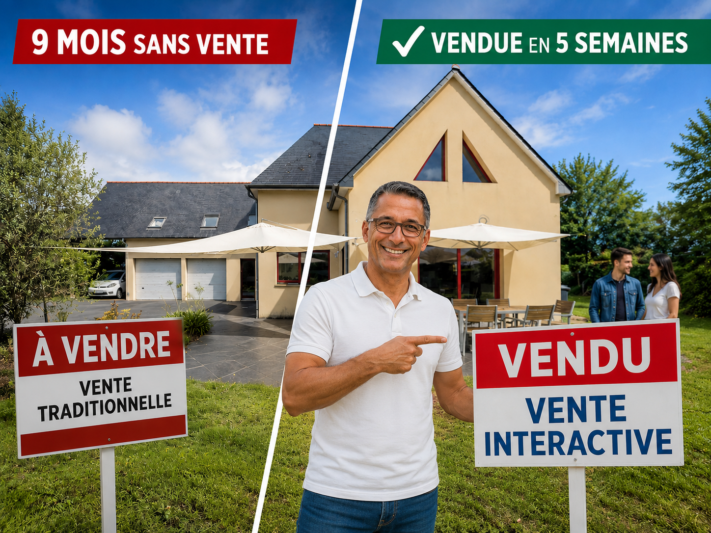 Comparaison entre une vente traditionnelle et une vente interactive réalisée par Johann Margat à Bourg-des-Comptes, avec une maison vendue en 5 semaines après 9 mois sans acquéreur.