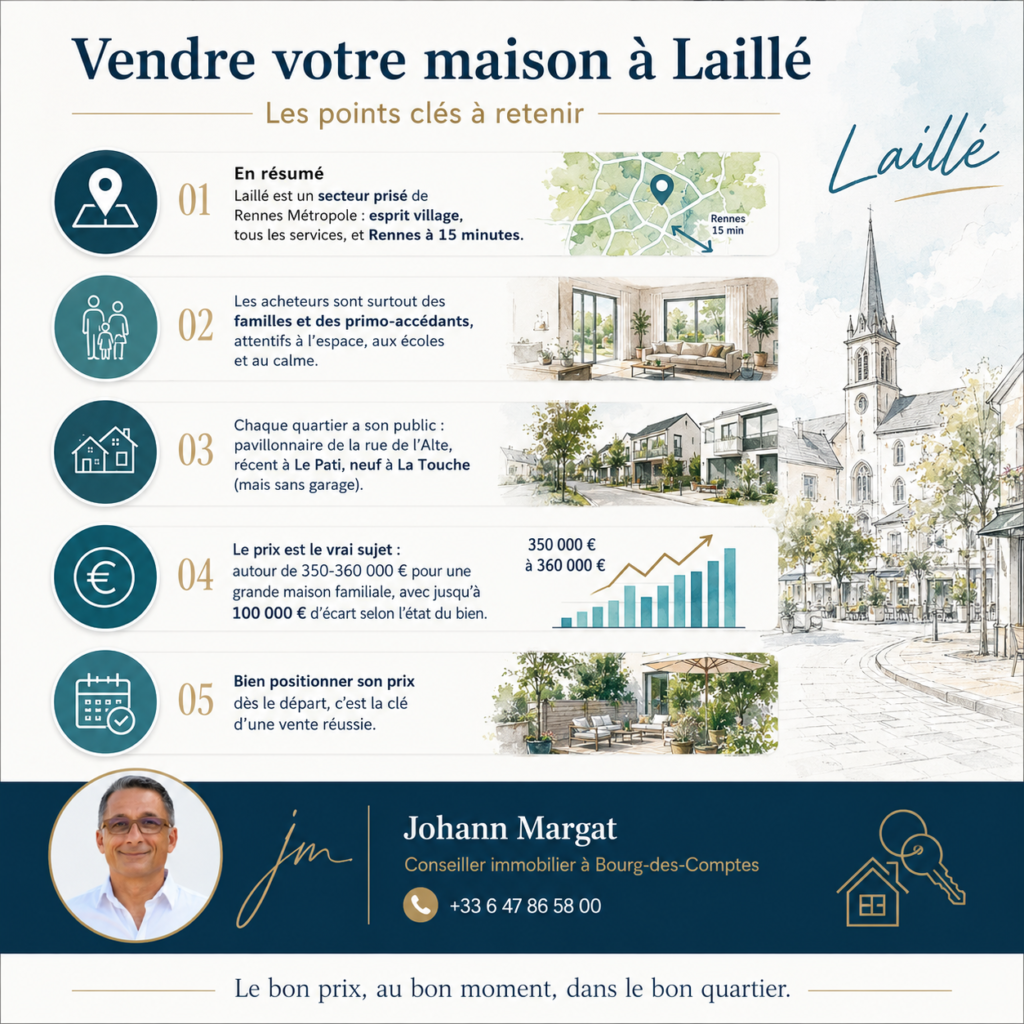 Infographie résumant les points clés pour vendre votre maison à Laillé : marché immobilier, profil des acheteurs, quartiers et niveaux de prix.